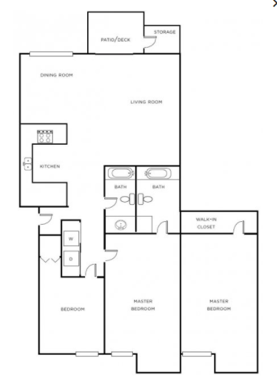 Floor plan for 3 beds, 2 baths, 1100 sqft